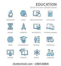 Education flat line icons. Set of chemistry, brain, diploma, geometry and more. Editable Stroke. Change to any size and any colour.