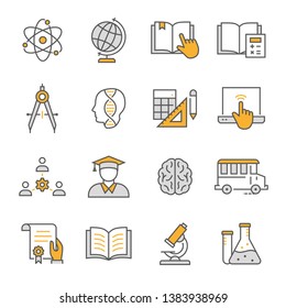 Education flat line icons. Set of globe, chemistry, microscope, biology and more. Editable Stroke.