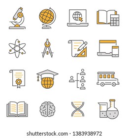 Education flat line icons. Set of globe, chemistry, microscope, biology and more. Editable Stroke.