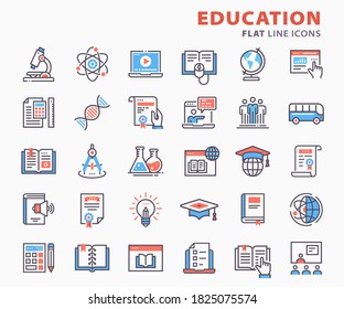 Education flat line icons. Set of graduation cap, training, laptop, learn online, webinar and more.