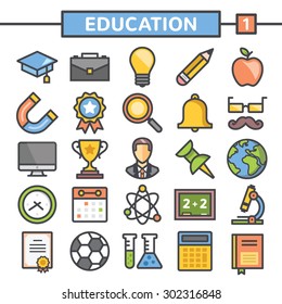 Education flat line icons set. Modern colorful abstract flat line design concepts for web banners, web sites, printed materials, infographics. Creative trendy flat vector illustrations