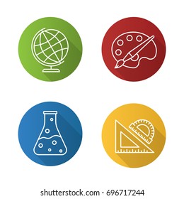 Education flat linear long shadow icons set. Geography, chemistry, art, geometry symbols. School rulers, chemical reaction, palette with brush, globe. Vector outline illustration