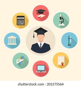 education flat style infographics background. male graduate in gown and education icons set