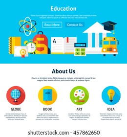 Education Flat Web Design Template. Vector Illustration for Website banner and landing page. Header with Studying and Learning Icons Modern Design.