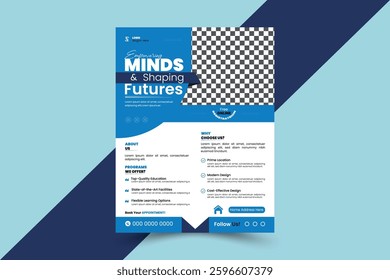 Education Flyer Template; Educational Brochure Design, Template Design, Blue white and black template design, A4 Size, Layout for Flyer.
