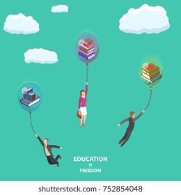 Education is freedom flat, isometric, low, poly, vector, concept. People with stacks of the books that appeared look like are bubble are flying up to the future.