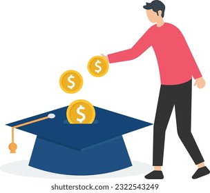 Education fund for college, Saving for school or university fee, study or training expense,Young woman insert money coin into mortarboard while holding degree scroll


