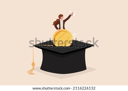 Education fund for college, saving for school or university tuition fee, study cost or training expense concept, young woman insert money coin into mortarboard saving box while holding degree scroll.