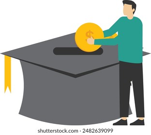 Education fund concept, costs, and expenses in the book, course study, savings for degree and graduation concept, young student climbing ladder to reach piggy bank wearing a university graduation cap.