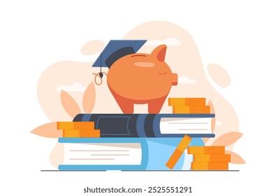 Conceito de fundo de educação. Piggy bank com chapéu de formatura e pilha de livros. Aprendizagem e treinamento. Serviços financeiros. Pensão acadêmica. Ilustração de vetor plano isolada no plano de fundo branco