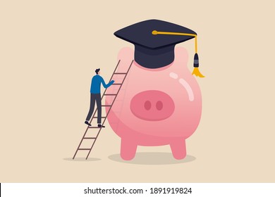 Education fund, cost and expense in books, course study, saving money to achieve degree and graduation concept, young student climbing the ladder to reach piggy bank wearing university graduation hat.