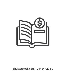 Icono de la línea del Fondo de Educación. signo de estilo lineal para concepto móvil y diseño web. Libro con un icono de vector de esquema de dinero de dólar. Símbolo, ilustración del logotipo. Gráficos vectoriales