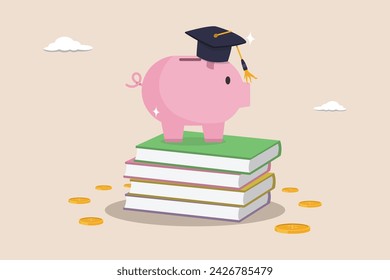 Education fund, student scholarship or loan concept, collecting money for school fees, pink piggy bank wearing a graduation cap on a pile of school textbooks and dollar money coins.