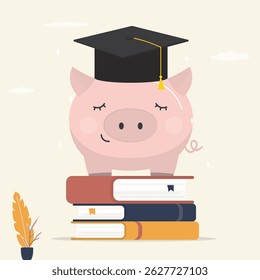 Education fund, student scholarship or loan, collecting money for school fees, pink piggy bank wearing graduation cap on pile of school textbooks. Creative concept idea of saving money for education.