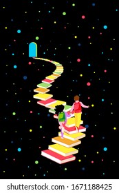 Education in the Future - children climbing a book ladder towards a door under a starry sky