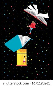 Education in the Future - children flying with books in a starry sky through a window