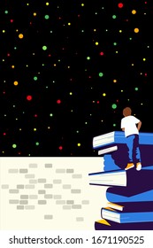 Education in the Future - children on a pile of books looking at the starry sky through a wall