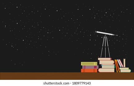 Education future concept vector flat illustration.Telescope stands on books against the background of the night sky