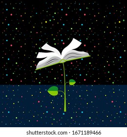 Education in the Future - flower-shaped book under a starry sky