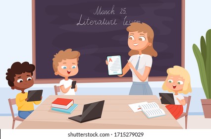 Education Gadgets. Teacher Sitting With Kids And Showing Some Picture On Smartphone Screen Kids With Laptop And Tablet Pc Vector Cartoon Background