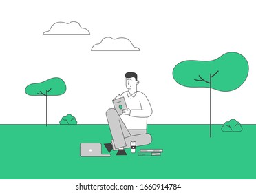 Education, Gaining Knowledge Concept. Young Man Student Sitting with Tablet Learning Homework or Prepare to Exams in University or College Yard Background. Cartoon Flat Vector Illustration, Line Art