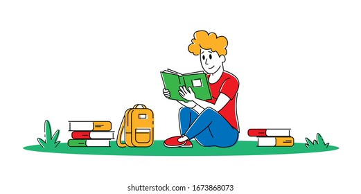 Education Gaining Knowledge Concept. Young Man Student Character Sitting with Books Learning Homework Prepare to Exams in University or College Isolated on White Background. Linear Vector Illustration