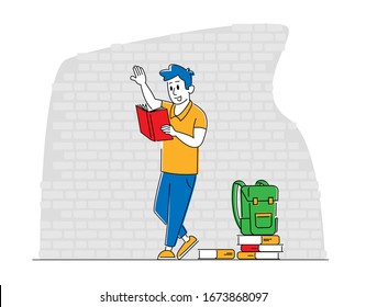 Education, Gaining Knowledge Concept. Young Man Student Character Prepare to Exams in University or College Stand on Brick Wall Background with Textbooks and Backpack. Linear Vector Illustration