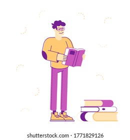 Education Gaining Knowledge Concept. Young Man Student Character Reading Book, Learning Homework or Prepare to Exams in University or College Isolated on White Background. Linear Vector Illustration