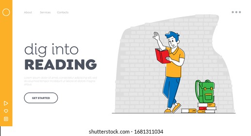 Plantilla de la página de inicio de conocimientos, educación y obtención de conocimientos. Personaje estudiantil se prepara para exámenes universitarios o universitarios en el fondo de pared de ladrillo con libros de texto. Ilustración de vectores lineales