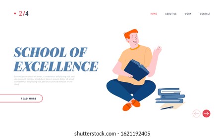 Página de inicio del sitio web Educación y Obtención de Conocimiento. Jóvenes estudiantes sentados con libros aprendiendo a trabajar en casa o preparándose para los exámenes en el cartel de la página web de la universidad. Ilustración de vectores planos de caricatura, arte de línea