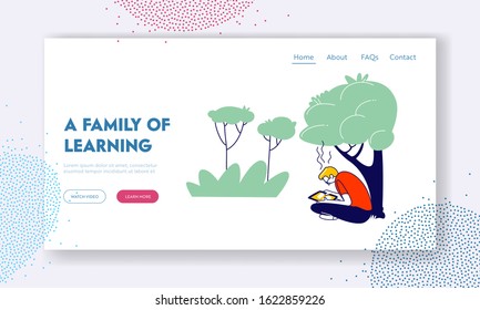 Education, Gaining Knowledge Website Landing Page. Young Man Student Sitting with Tablet Learning Homework or Prepare to Exams in University Web Page Banner. Cartoon Flat Vector Illustration, Line Art