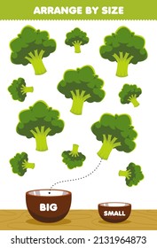 Education game for children arrange by size big or small put it in the bowl cartoon vegetable broccoli pictures