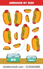 Education game for children arrange by size big or small put it in the box cartoon food snack hotdog pictures