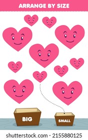 Education game for children arrange by size big or small put it in the box cute cartoon geometric shapes heart pictures