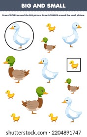 Juego de educación para niños ordenando por tamaño grande o pequeño dibujando círculo y cuadrado lindo dibujo animado ganso pato duckling hoja de trabajo de granja imprimible