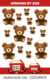 Education game for children arrange by size big or small put it in the gift box of cute cartoon teddy bear printable winter worksheet