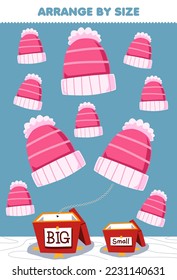 Education game for children arrange by size big or small put it in the gift box of cute cartoon beanie printable winter worksheet