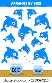 Education game for children arrange by size big or small put it in the fish bowl of cute cartoon dolphin printable underwater worksheet