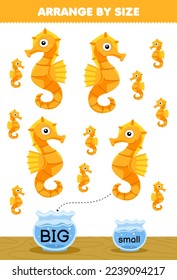 Education game for children arrange by size big or small put it in the fish bowl of cute cartoon seahorse printable underwater worksheet
