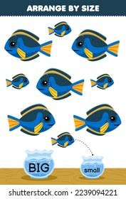 Education game for children arrange by size big or small put it in the fish bowl of cute cartoon blue fish printable underwater worksheet