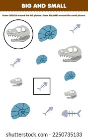Education game for children arrange by size big or small by drawing circle and square of cute cartoon fossil shell fish bone printable nature worksheet