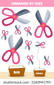 Education game for children arrange by size big or small put it in the box of cute cartoon scissor picture printable tool worksheet