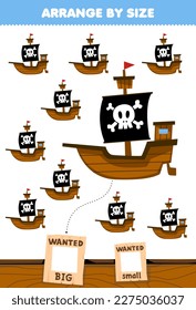 Education game for children arrange by size big or small picture of cute cartoon ship printable pirate worksheet