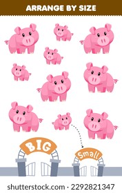 Education game for children arrange by size big or small of cute cartoon pig printable animal worksheet