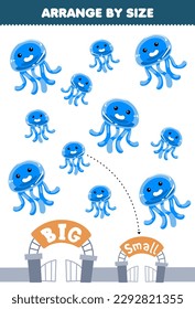 Education game for children arrange by size big or small of cute cartoon jellyfish printable animal worksheet