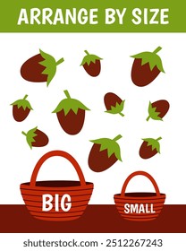 Education game for children. Arrange by size. Big or small. Put the hazelnut in the basket. Printable worksheet with solution for school and preschool. Vector cartoon illustration.