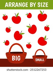 Education game for children. Arrange by size. Big or small. Put the apple in the basket. Printable worksheet with solution for school and preschool. Vector cartoon illustration.