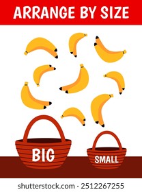 Education game for children. Arrange by size. Big or small. Put the bananas in the basket. Printable worksheet with solution for school and preschool. Vector cartoon illustration.