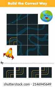 Education Game For Children Build The Correct Way Help Cute Cartoon Solar System Rocket Move To Earth Planet