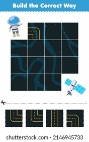 Education game for children build the correct way help cute cartoon solar system astronaut move to satellite